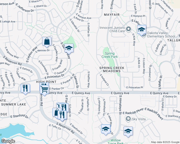 map of restaurants, bars, coffee shops, grocery stores, and more near 4100 South Ireland Court in Aurora