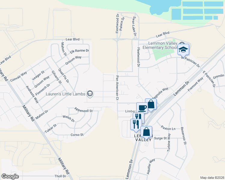 map of restaurants, bars, coffee shops, grocery stores, and more near 9400 Pan American Court in Reno