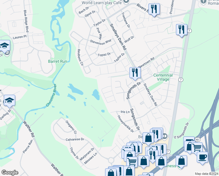 map of restaurants, bars, coffee shops, grocery stores, and more near 5 Denny Circle in Newark