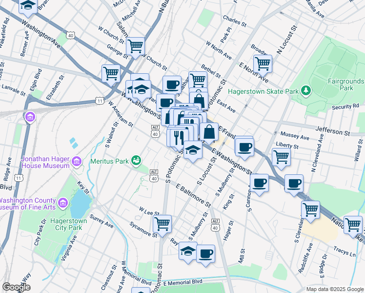map of restaurants, bars, coffee shops, grocery stores, and more near 21 South Potomac Street in Hagerstown