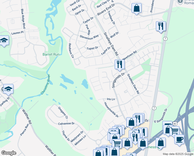 map of restaurants, bars, coffee shops, grocery stores, and more near 5 Denny Circle in Newark