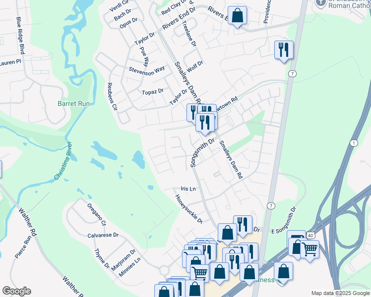map of restaurants, bars, coffee shops, grocery stores, and more near 14 North Merriment Drive in Newark