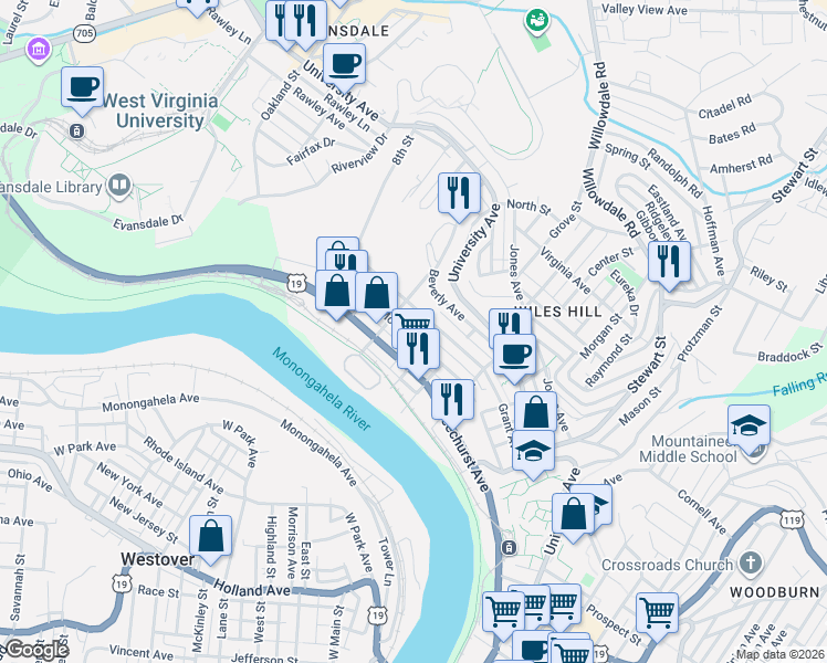 map of restaurants, bars, coffee shops, grocery stores, and more near 504 McLane Avenue in Morgantown