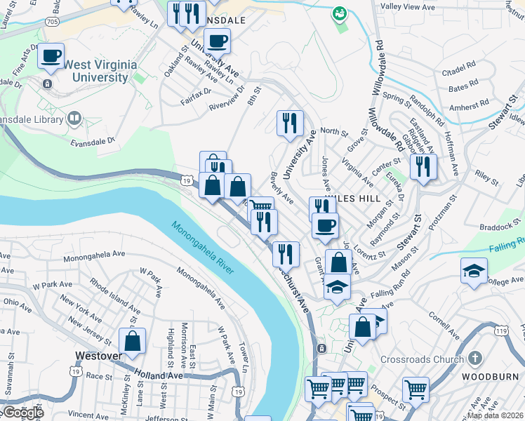 map of restaurants, bars, coffee shops, grocery stores, and more near 516 McLane Avenue in Morgantown