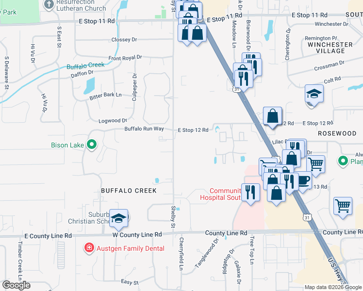map of restaurants, bars, coffee shops, grocery stores, and more near 8601 Shelby Street in Indianapolis