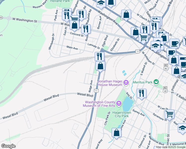 map of restaurants, bars, coffee shops, grocery stores, and more near Center Street in Hagerstown