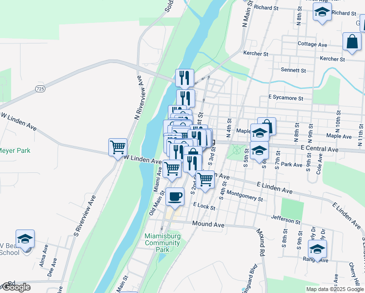 map of restaurants, bars, coffee shops, grocery stores, and more near 1 West Central Avenue in Miamisburg