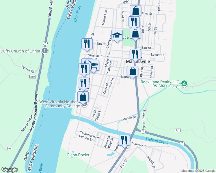 map of restaurants, bars, coffee shops, grocery stores, and more near 309 Clark Street in New Martinsville