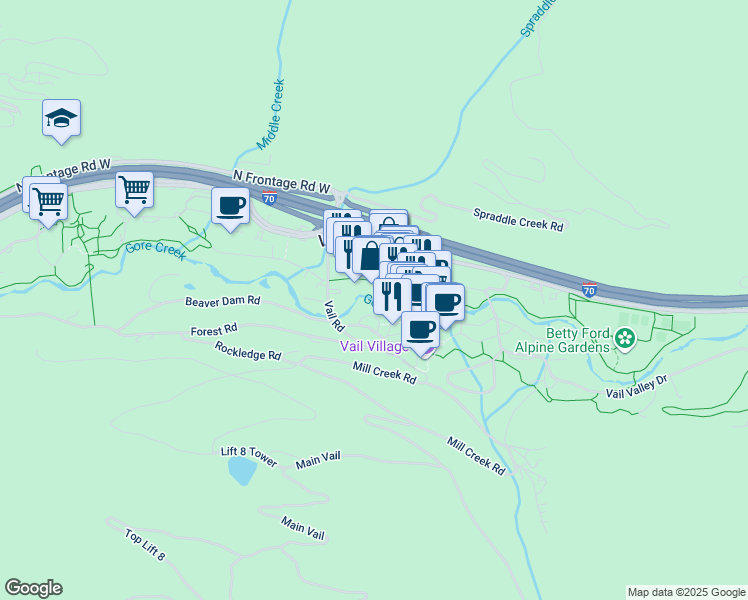map of restaurants, bars, coffee shops, grocery stores, and more near 133 Willow Bridge Road in Vail