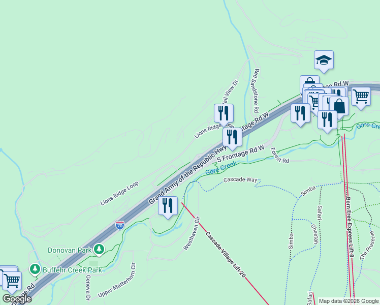 map of restaurants, bars, coffee shops, grocery stores, and more near 1200 Lions Ridge Loop in Vail