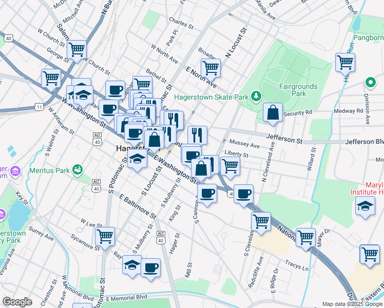 map of restaurants, bars, coffee shops, grocery stores, and more near 147 East Franklin Street in Hagerstown