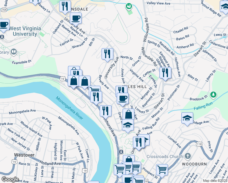 map of restaurants, bars, coffee shops, grocery stores, and more near 412 Beverly Avenue in Morgantown