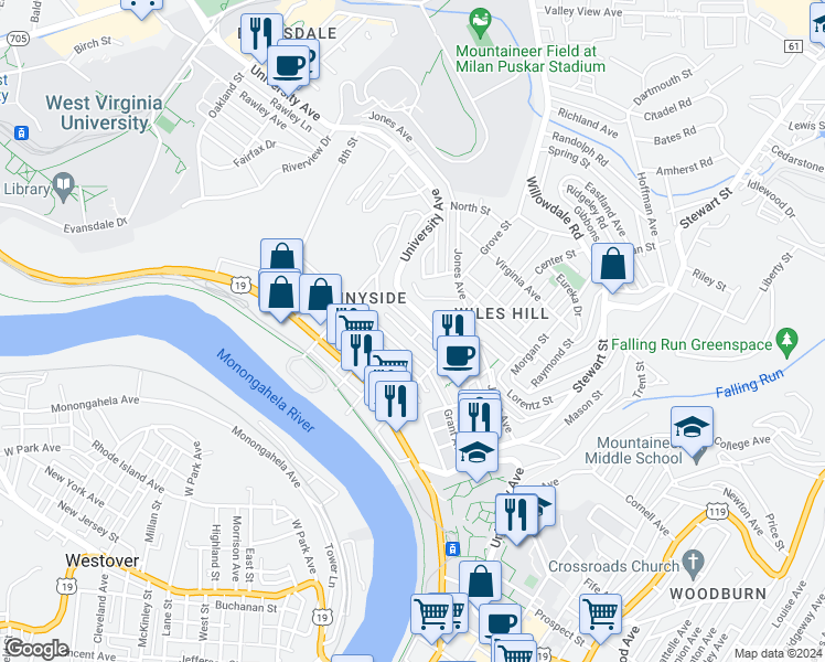 map of restaurants, bars, coffee shops, grocery stores, and more near 401 Beverly Avenue in Morgantown