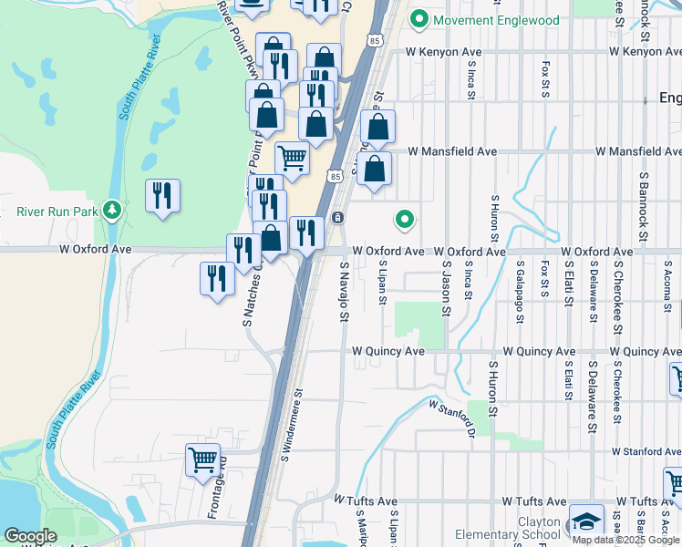 map of restaurants, bars, coffee shops, grocery stores, and more near 4121 South Navajo Street in Englewood