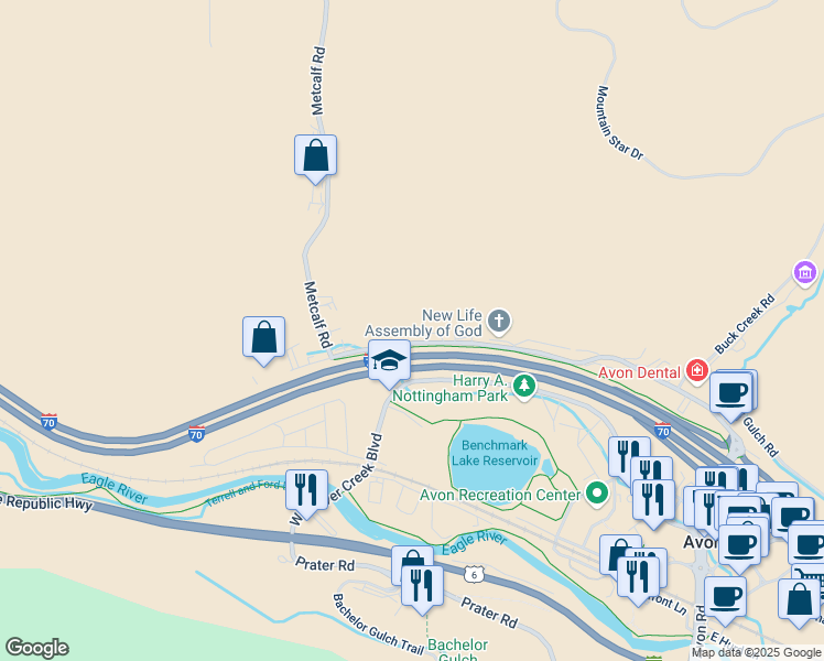 map of restaurants, bars, coffee shops, grocery stores, and more near 600 Nottingham Road in Avon