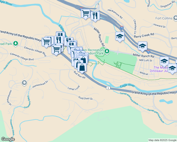 map of restaurants, bars, coffee shops, grocery stores, and more near 60 River Pines Court in Edwards