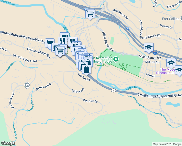 map of restaurants, bars, coffee shops, grocery stores, and more near 60 River Pines Court in Edwards