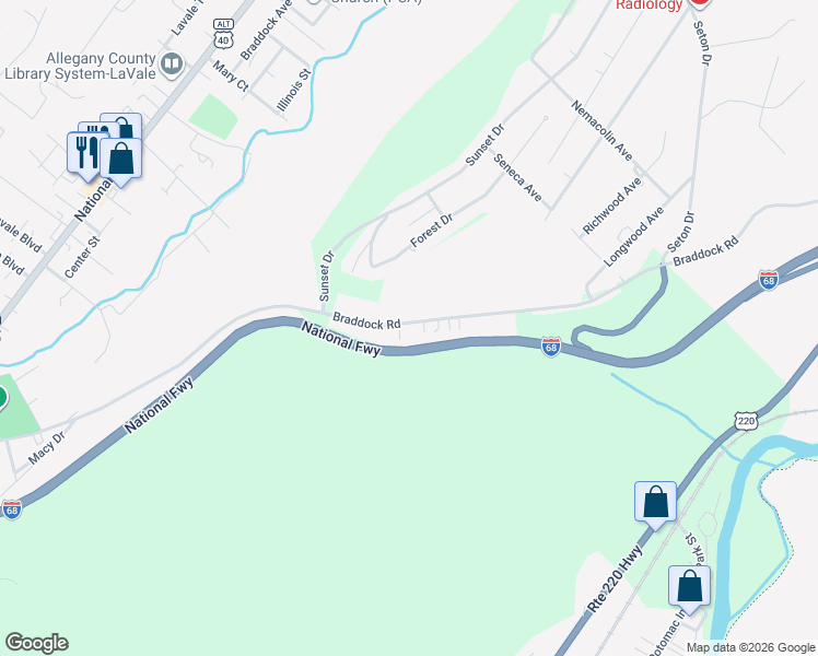 map of restaurants, bars, coffee shops, grocery stores, and more near 1070 1/2 Braddock Road in Cumberland