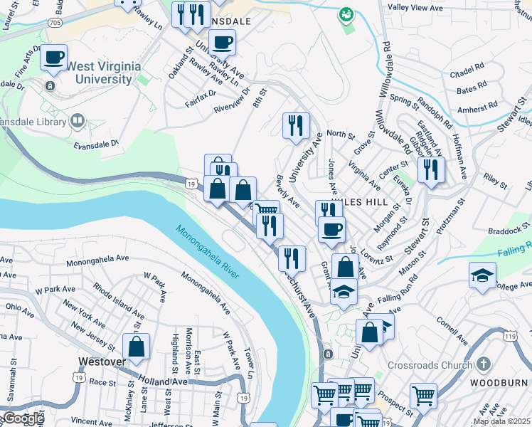 map of restaurants, bars, coffee shops, grocery stores, and more near 516 McLane Avenue in Morgantown