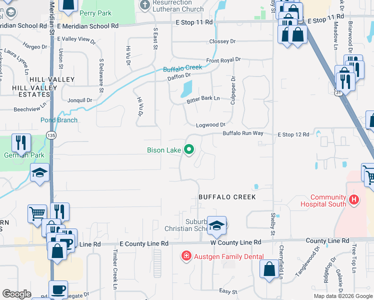 map of restaurants, bars, coffee shops, grocery stores, and more near 8531 Buffalo Ridge Drive in Indianapolis