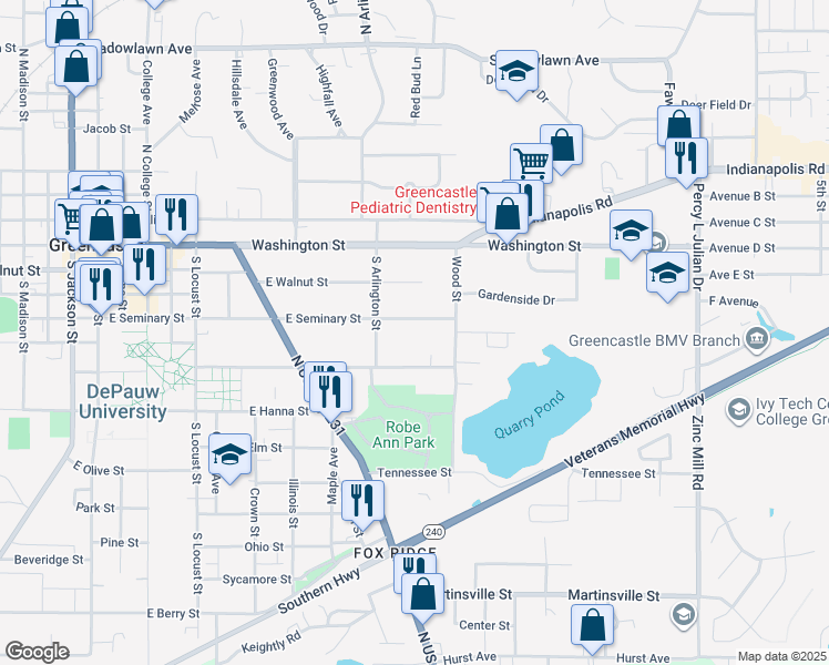 map of restaurants, bars, coffee shops, grocery stores, and more near 701-737 East Seminary Street in Greencastle