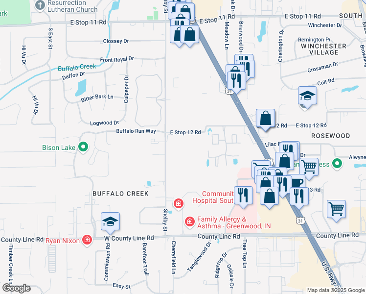 map of restaurants, bars, coffee shops, grocery stores, and more near 8615 Shelby Street in Indianapolis
