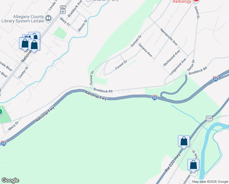 map of restaurants, bars, coffee shops, grocery stores, and more near 1070 1/2 Braddock Road in Cumberland