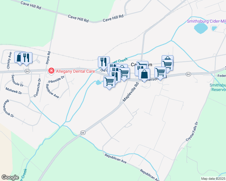 map of restaurants, bars, coffee shops, grocery stores, and more near 22401 Jefferson Boulevard in Smithsburg