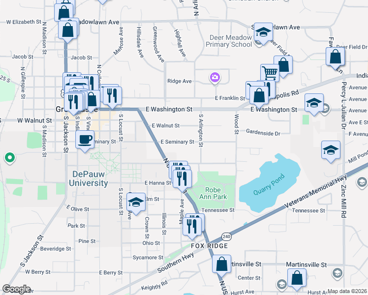 map of restaurants, bars, coffee shops, grocery stores, and more near 607-699 East Seminary Street in Greencastle