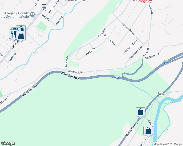 map of restaurants, bars, coffee shops, grocery stores, and more near 1070 1/2 Braddock Road in Cumberland