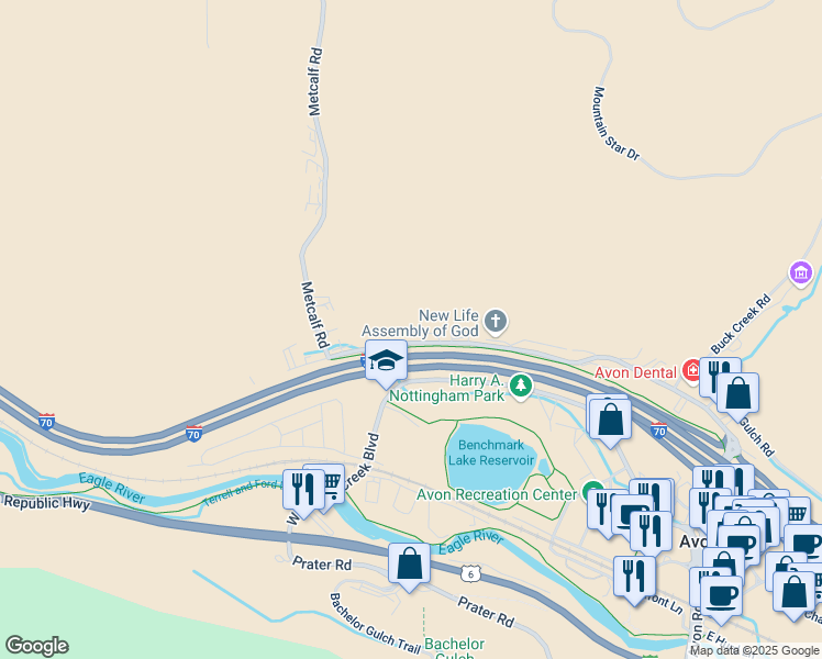 map of restaurants, bars, coffee shops, grocery stores, and more near 600 Nottingham Road in Avon