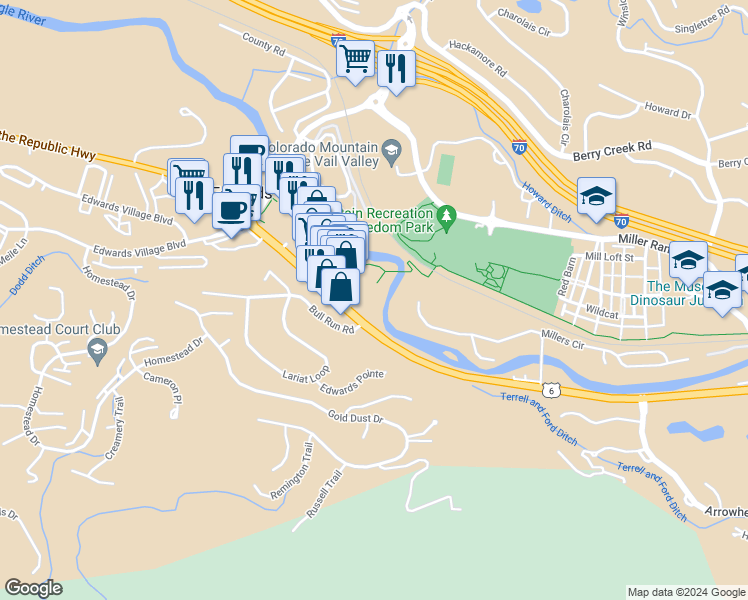 map of restaurants, bars, coffee shops, grocery stores, and more near 60 River Pines Court in Edwards