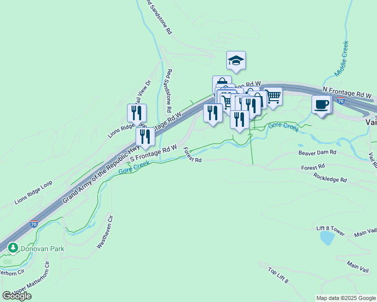 map of restaurants, bars, coffee shops, grocery stores, and more near 728 West Lionshead Circle in Vail