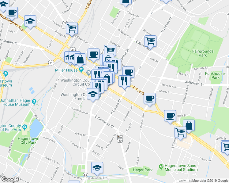 map of restaurants, bars, coffee shops, grocery stores, and more near 62 U.S. 40 Alternate in Hagerstown