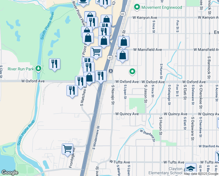 map of restaurants, bars, coffee shops, grocery stores, and more near 4121 South Navajo Street in Englewood