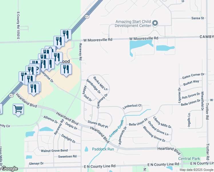 map of restaurants, bars, coffee shops, grocery stores, and more near 8350 Centenary Drive in Indianapolis