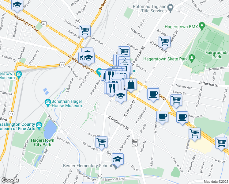 map of restaurants, bars, coffee shops, grocery stores, and more near 23 South Potomac Street in Hagerstown