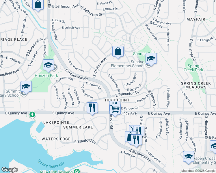 map of restaurants, bars, coffee shops, grocery stores, and more near 4145 South Ensenada Street in Aurora