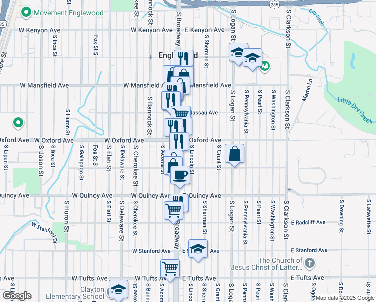 map of restaurants, bars, coffee shops, grocery stores, and more near 4100 South Lincoln Street in Englewood