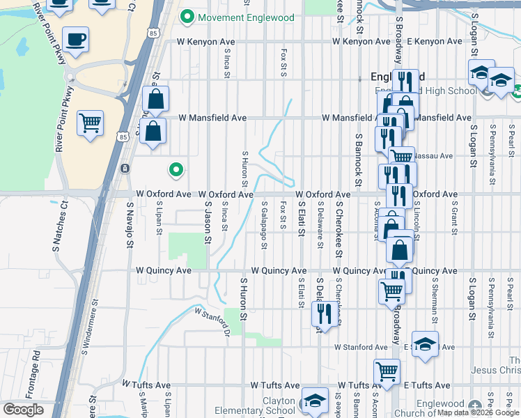 map of restaurants, bars, coffee shops, grocery stores, and more near 4100 South Galapago Street in Englewood