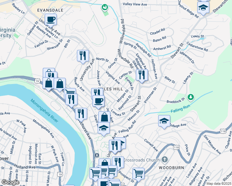 map of restaurants, bars, coffee shops, grocery stores, and more near 457 Overhill Street in Morgantown