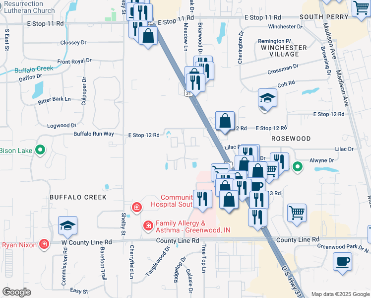 map of restaurants, bars, coffee shops, grocery stores, and more near Beechmill Lane in Indianapolis