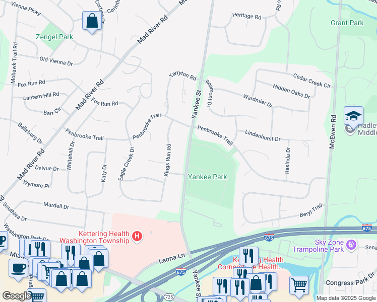 map of restaurants, bars, coffee shops, grocery stores, and more near 7598 Yankee Street in Montgomery County