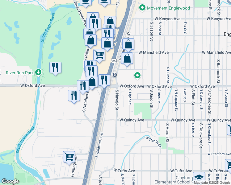map of restaurants, bars, coffee shops, grocery stores, and more near 4101 South Navajo Street in Englewood