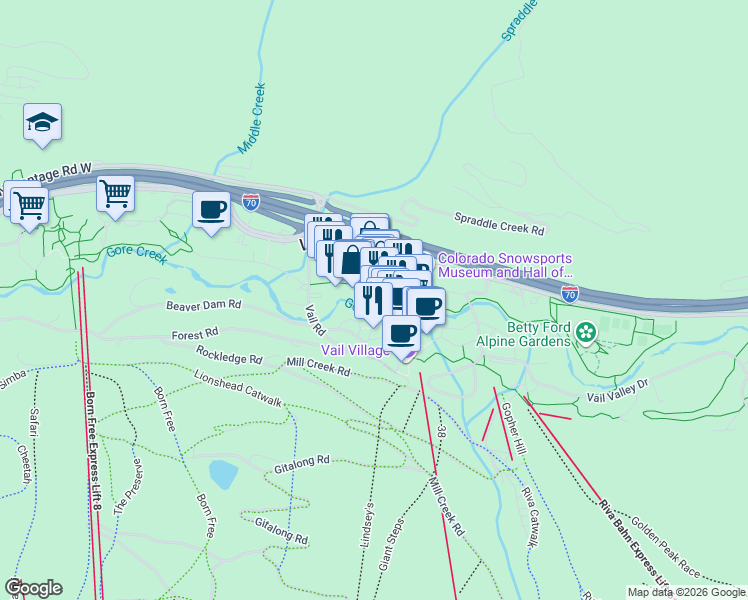 map of restaurants, bars, coffee shops, grocery stores, and more near 1 Willow Bridge Road in Vail