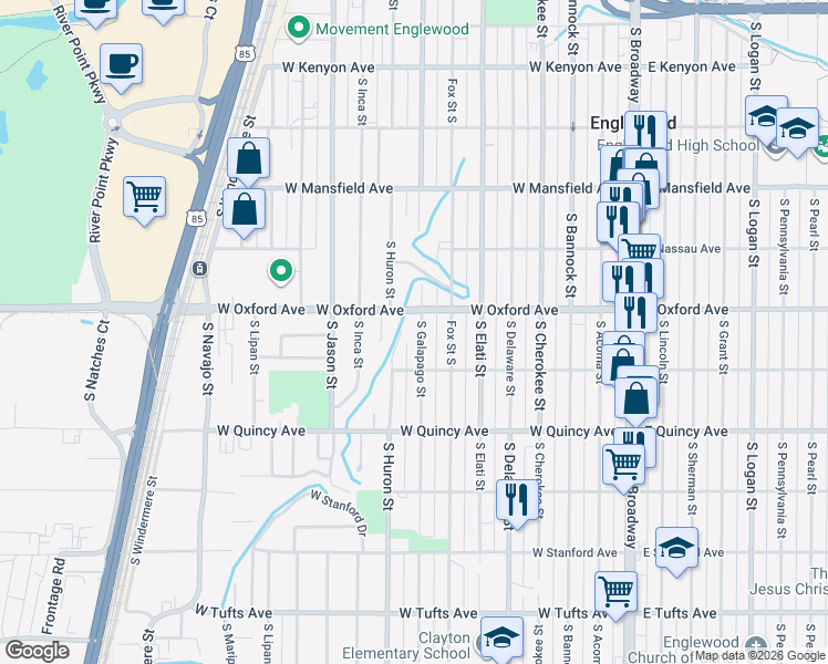 map of restaurants, bars, coffee shops, grocery stores, and more near 4100 South Galapago Street in Englewood