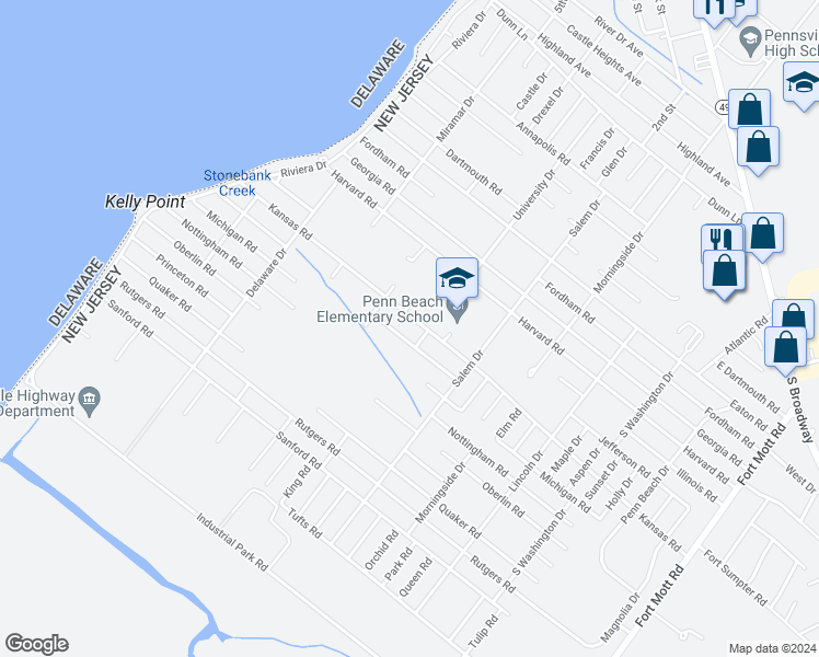 map of restaurants, bars, coffee shops, grocery stores, and more near 111 Kansas Road in Pennsville Township