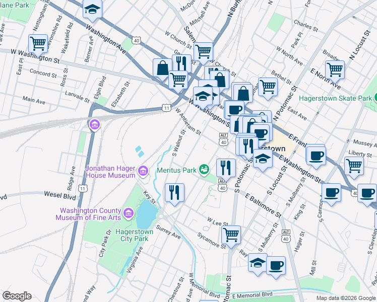 map of restaurants, bars, coffee shops, grocery stores, and more near 145 South Prospect Street in Hagerstown