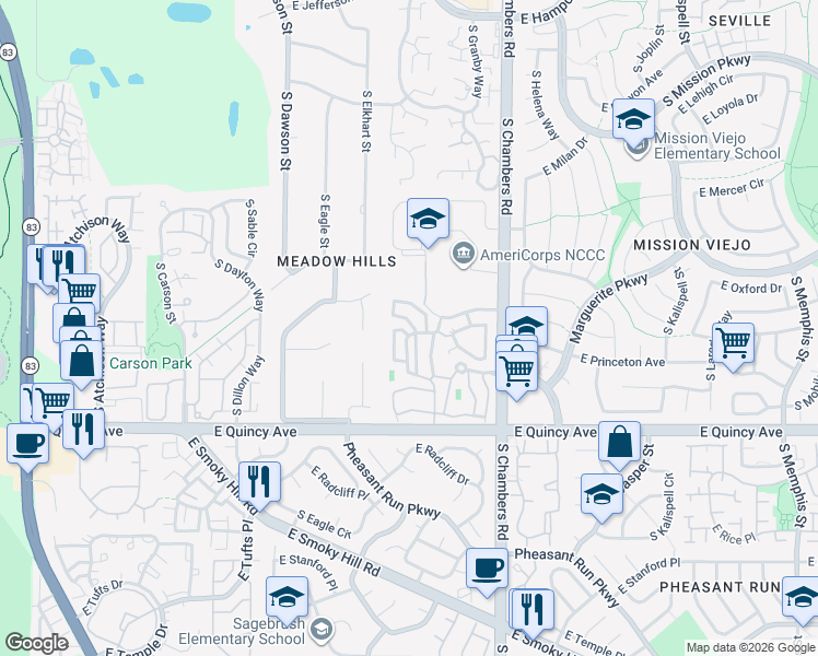 map of restaurants, bars, coffee shops, grocery stores, and more near 4140 South Evanston Circle in Aurora