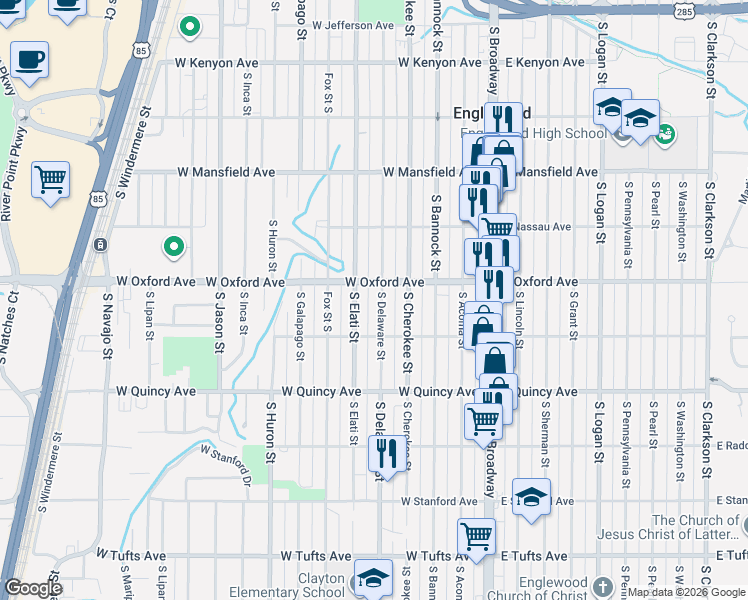 map of restaurants, bars, coffee shops, grocery stores, and more near 4100 South Delaware Street in Englewood
